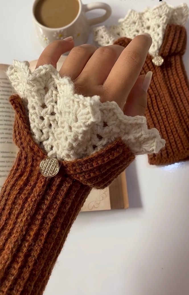 Vintage Tarz Kahverengi Örgü Kadın Eldiven - Görsel 2