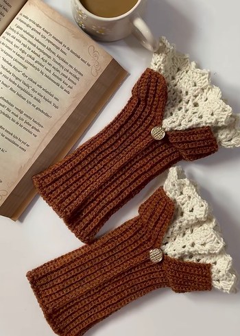 Bordo dantel detaylı örgü kadın eldiven - Görsel 6