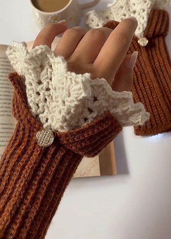 Bordo dantel detaylı örgü kadın eldiven - Görsel 5