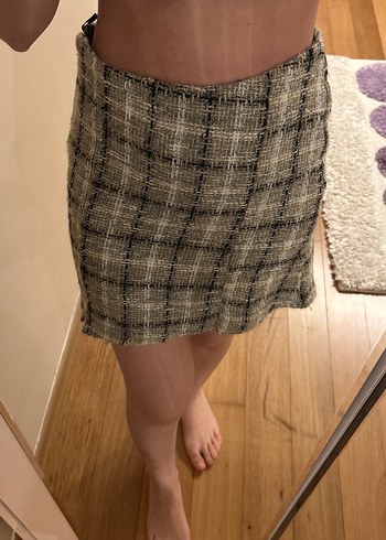 Gri Kareli Örgü Midi Etek - Görsel 3