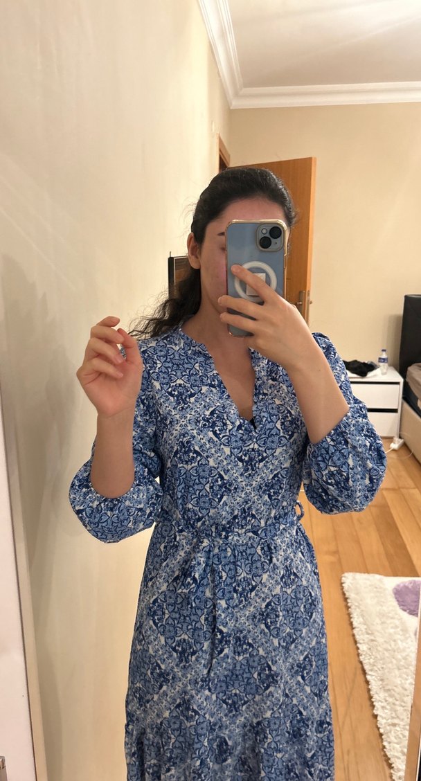 Mavi Dantel Detaylı Midi Bohem Elbise - Görsel 4