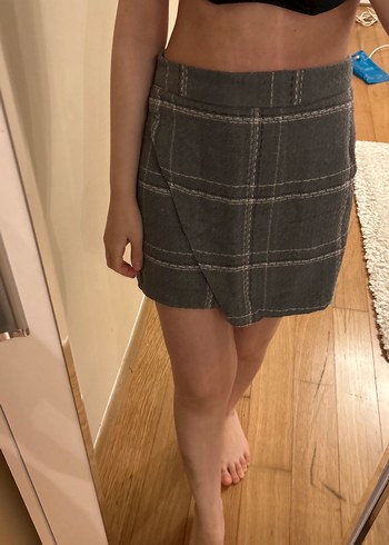 Gri Ekoseli Kemerli Mini Etek - Görsel 3