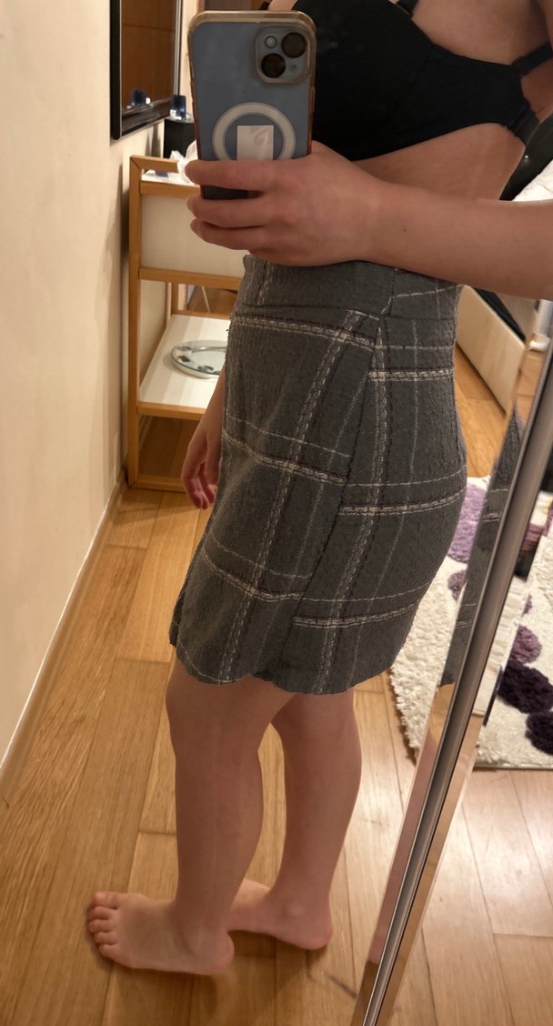 Gri Ekoseli Kemerli Mini Etek - Görsel 4