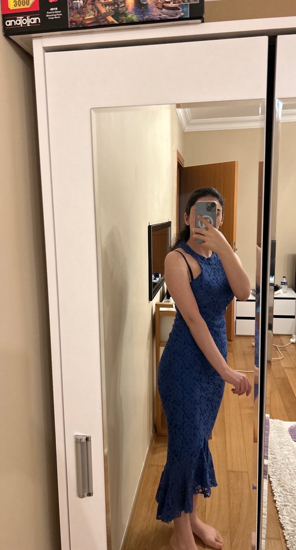 Kadın Lacivert Dantel Midi Elbise - Görsel 4