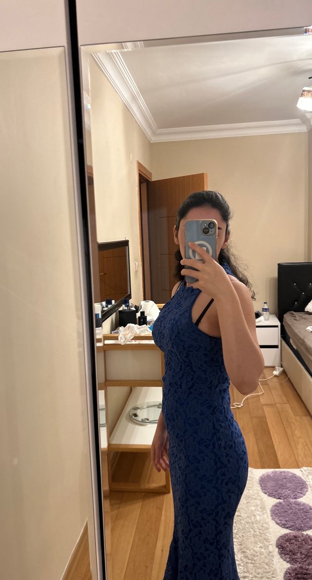 Kadın Lacivert Dantel Midi Elbise - Görsel 2