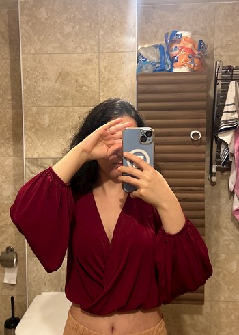 Bordo V Yaka Uzun Kollu Salaş Bluz - Görsel 3