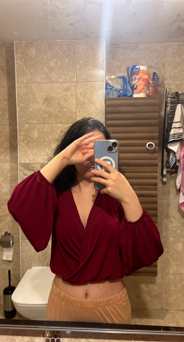 Bordo V Yaka Uzun Kollu Salaş Bluz - Görsel 3