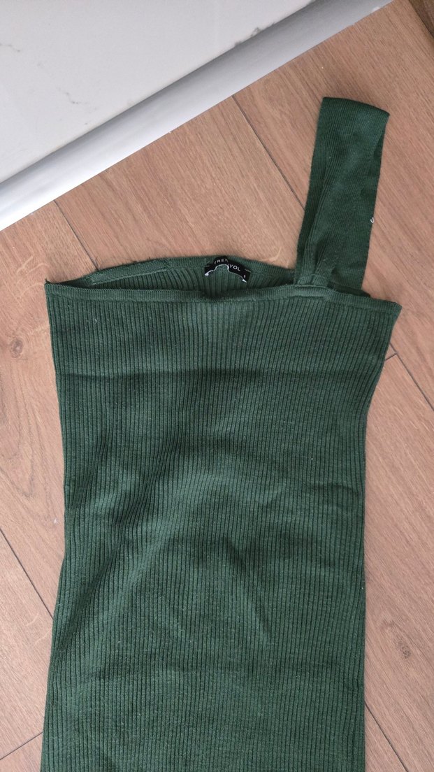 Koyu Yeşil tek kol elbise sırt detaylı - Görsel 2