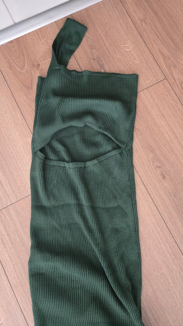 Koyu Yeşil tek kol elbise sırt detaylı - Görsel 3