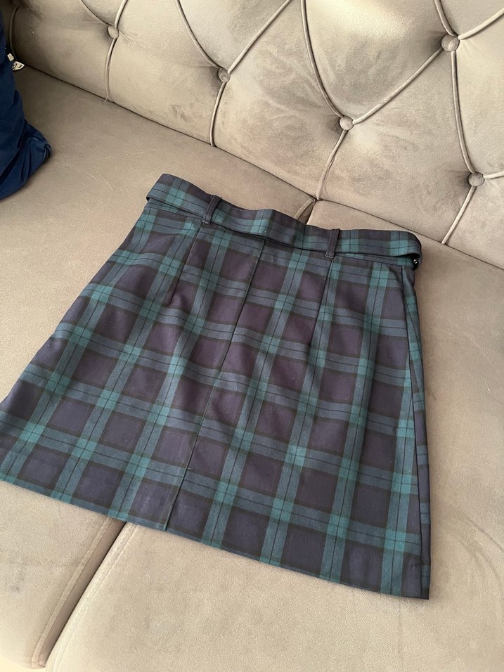 Kemerli Yeşil Ekose Mini Etek - Görsel 5