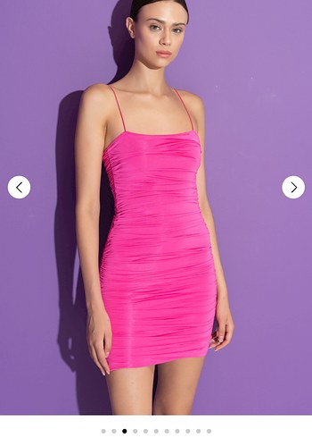 s Beden pembe Renk Kikiriki İnce Askılı Pembe Mini Elbise Büzgülü Fuşya