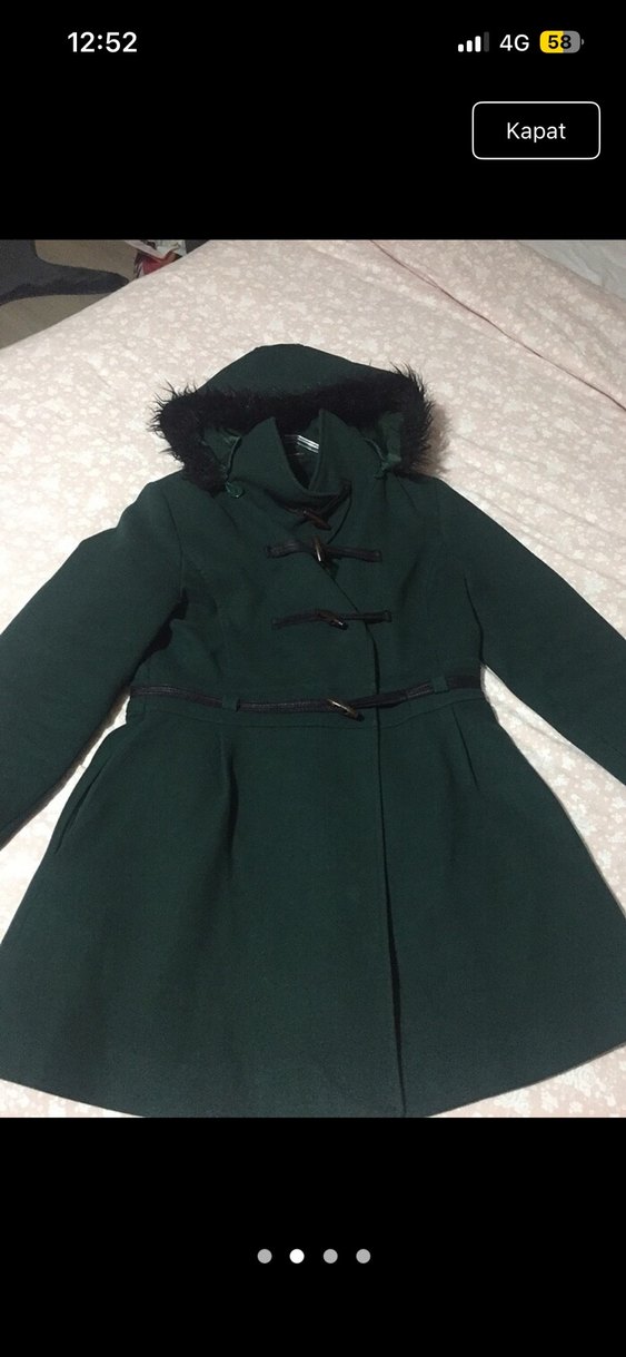 Koyu Yeşil Kürklü Uzun Kadın Ceket - Görsel 3