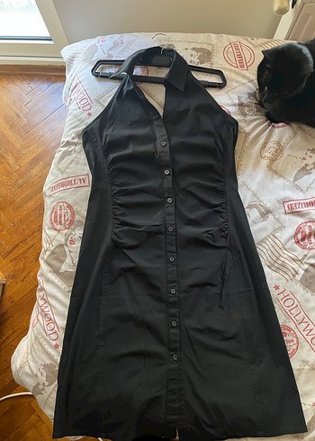 Düğmeli Siyah Midi Halter Yaka Sırtı Açık Vintage Elbise