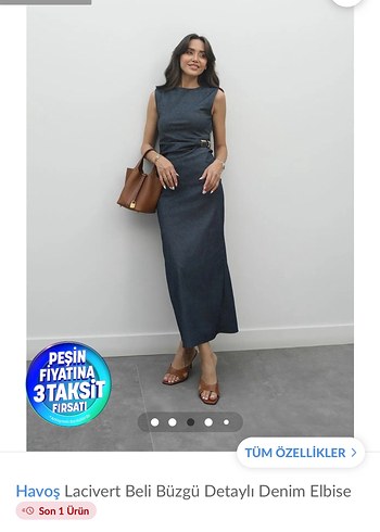 Diğer Havoş Gri Beli Büzgülü Denim Midi Elbise