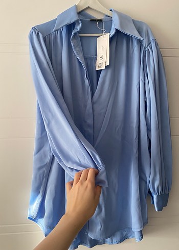 Mavi Midi Uzun Kollu Kadın Gömlek - Görsel 2