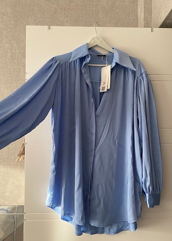 Mavi Midi Uzun Kollu Kadın Gömlek - Görsel 3