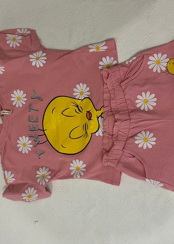 Pembe Çiçekli Kız Bebek Kısa Kollu Takım