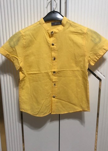 Sarı Kısa Kollu Düğmeli Keten Erkek Gömlek - Görsel 5
