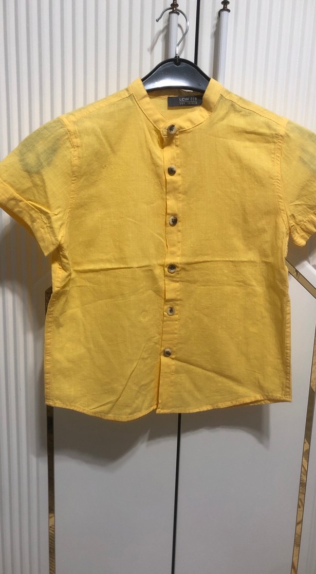 Sarı Kısa Kollu Düğmeli Keten Erkek Gömlek - Görsel 2