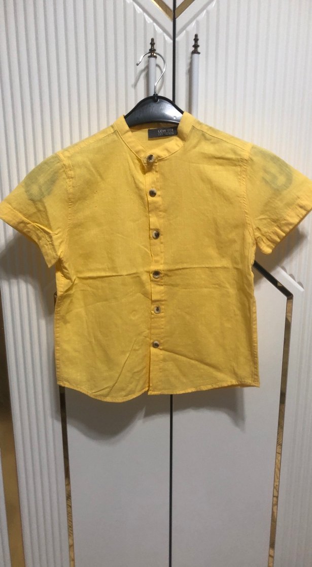 Sarı Kısa Kollu Düğmeli Keten Erkek Gömlek - Görsel 5