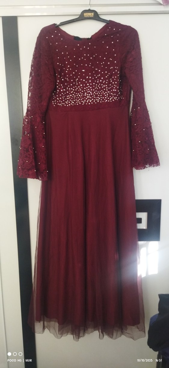 Bordo Uzun Kollu Straplez Abiye Elbise - Görsel 3