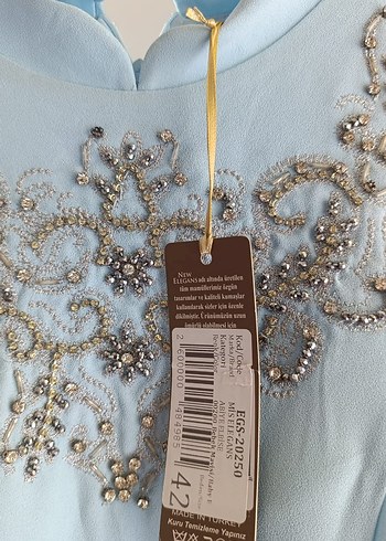 Mavi İşlemeli Uzun Kollu Abiye Elbise - Görsel 5