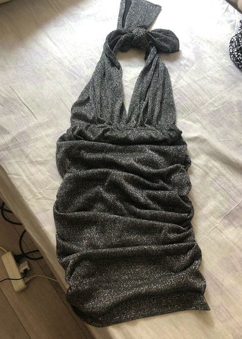 Gri Drapeli Halter Yaka Uzun Abiye Elbise