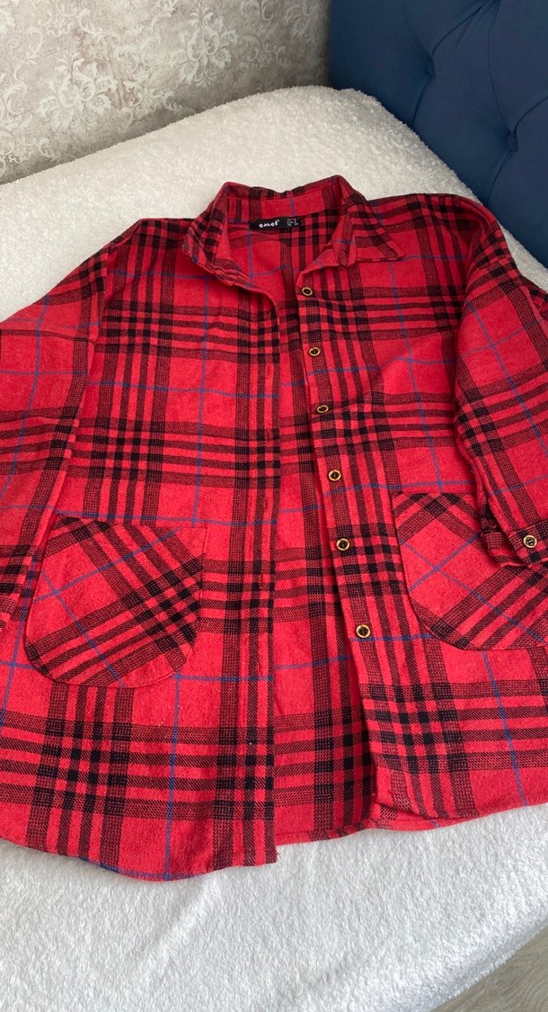 Kadın Kırmızı Ekose Uzun Kollu Gömlek - Görsel 4