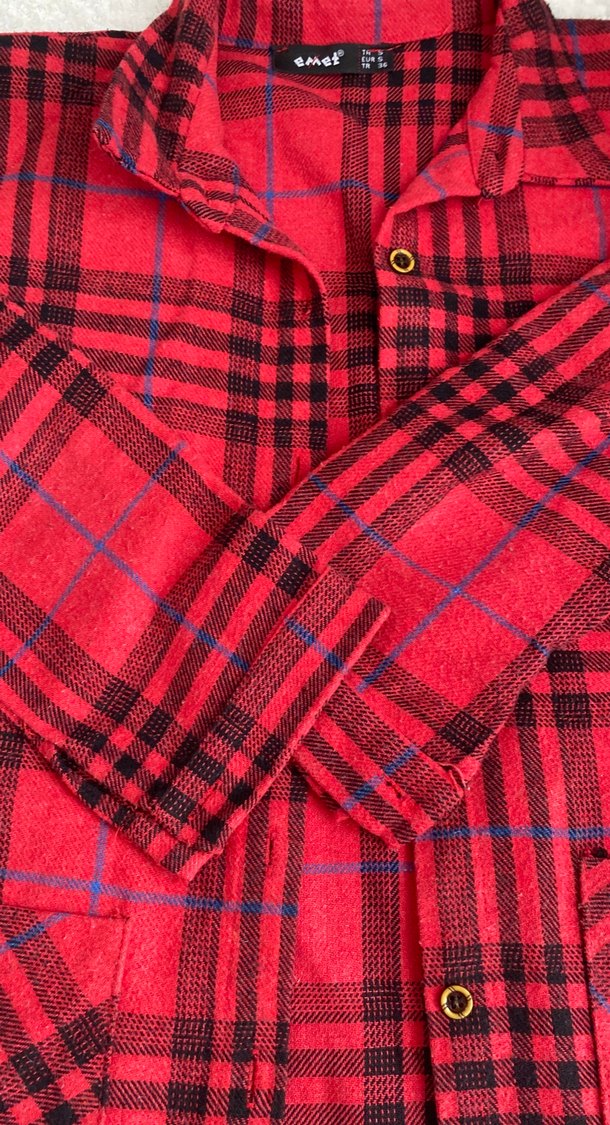 Kadın Kırmızı Ekose Uzun Kollu Gömlek - Görsel 3