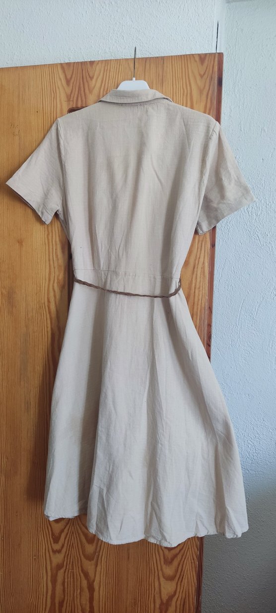 Keten Kumaşlı Bej Uzun Bohem Elbise - Görsel 4