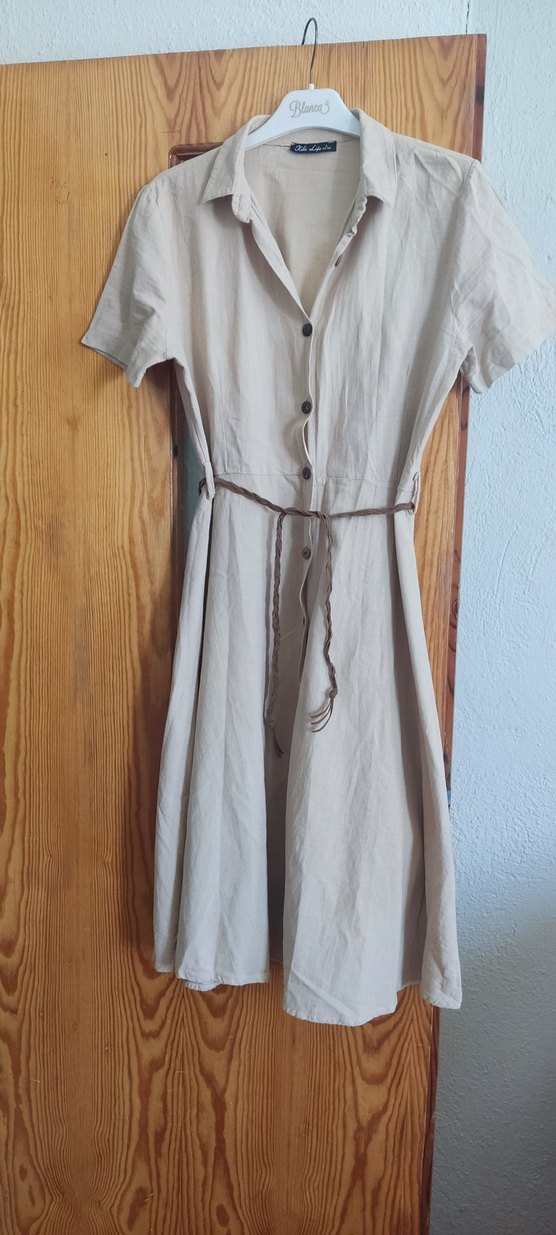 Keten Kumaşlı Bej Uzun Bohem Elbise - Görsel 2