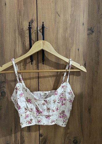 xs Beden Koton Çiçek Desen Beyaz Crop Bustiyer