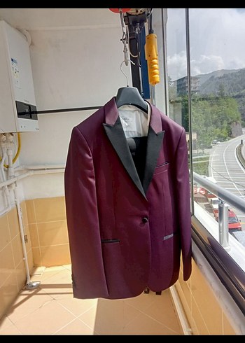 Bordo Düğmeli Notch Yaka Erkek Takım Elbise Ceket