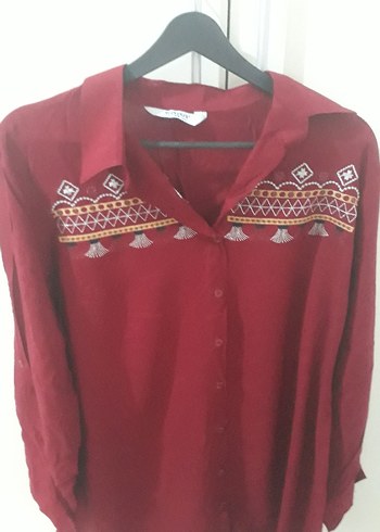 Bordo Nakışlı Bohem Kadın Tunik Gömlek