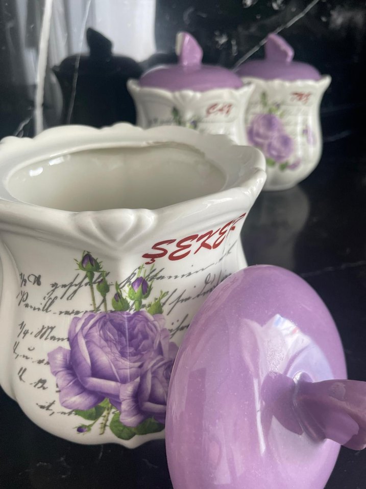 Mor Çiçek Desenli Vintage Baharat Kavanozları - Görsel 5