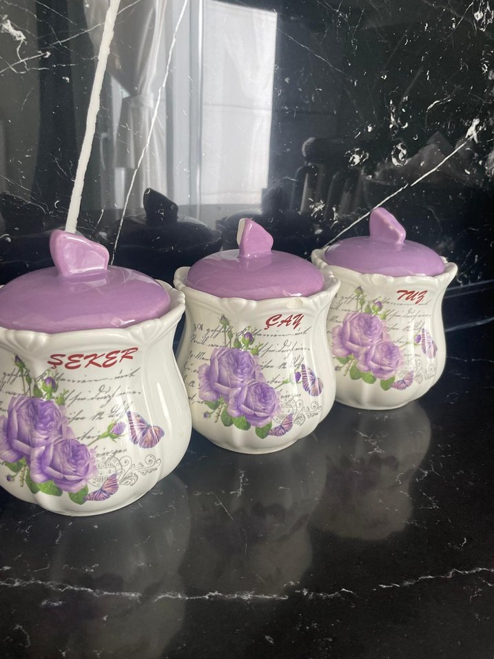 Mor Çiçek Desenli Vintage Baharat Kavanozları - Görsel 4