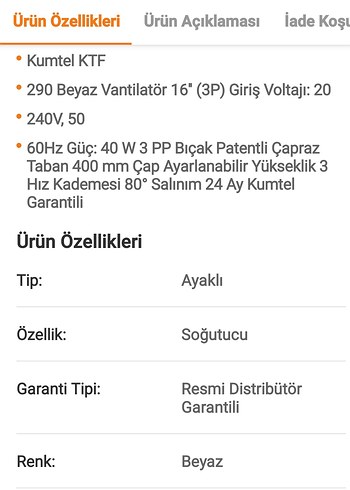 Beden Renk Kumtel Beyaz Ayaklı Vantilatör