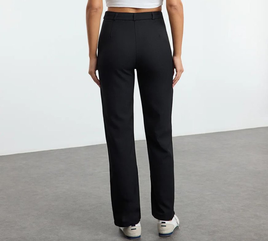 Siyah stright/düz kesim yüksekbel nervür dikişli dokuma pantolon - Görsel 2