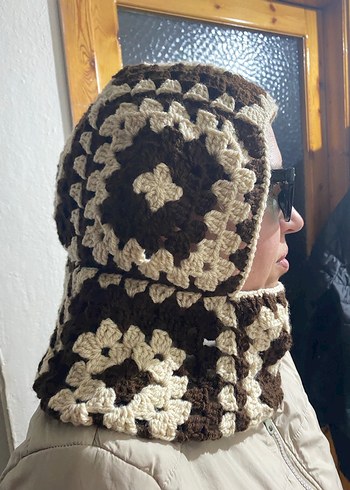 Kahverengi Bej Örgü Bohem Kapüşonlu Bere - Görsel 2