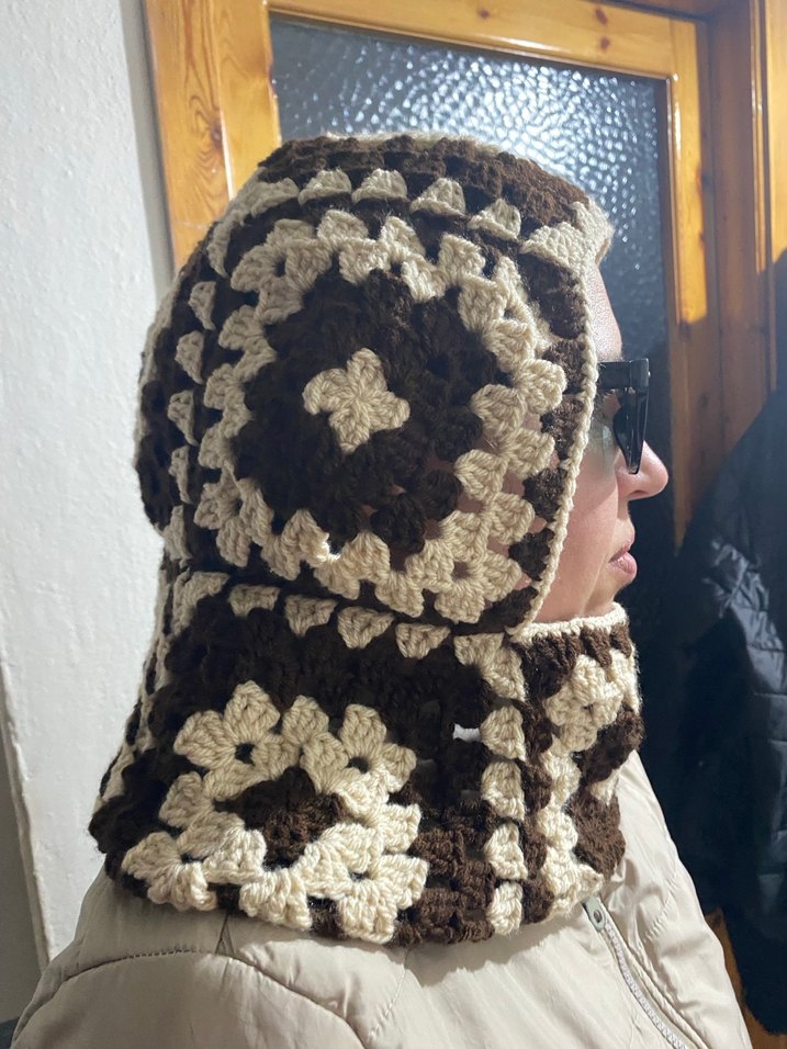 Kahverengi Bej Örgü Bohem Kapüşonlu Bere - Görsel 2