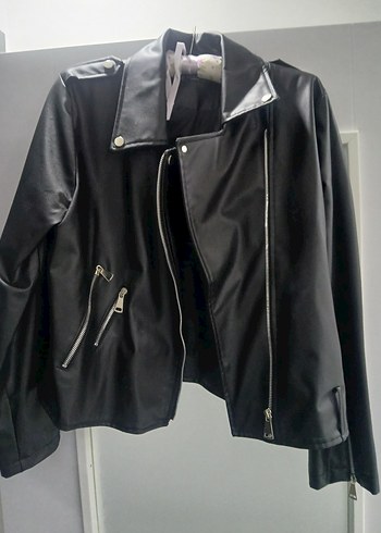 Kadın Parlak Siyah Deri Biker Ceket - Görsel 4