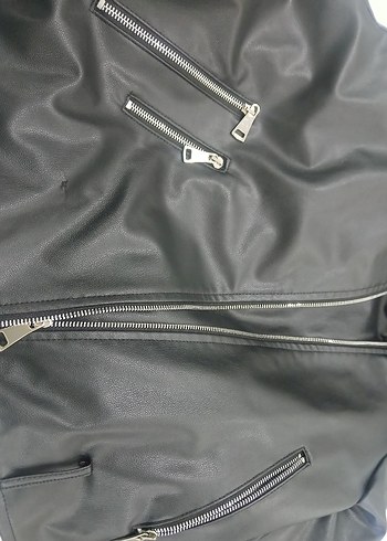 Kadın Parlak Siyah Deri Biker Ceket - Görsel 2