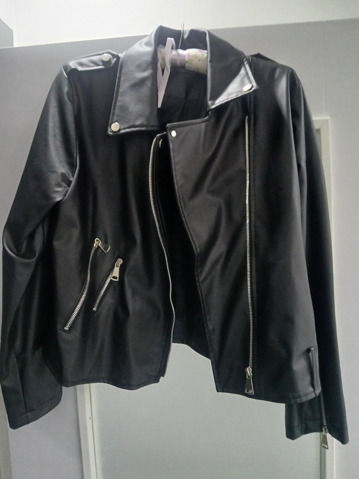 Kadın Parlak Siyah Deri Biker Ceket - Görsel 4