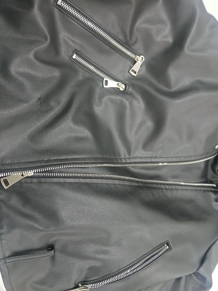 Kadın Parlak Siyah Deri Biker Ceket - Görsel 2