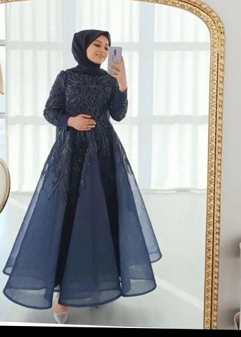 Nakışlı Lacivert Uzun Abiye Elbise - Görsel 3