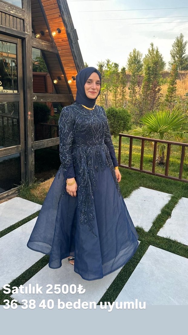 Nakışlı Lacivert Uzun Abiye Elbise - Görsel 2