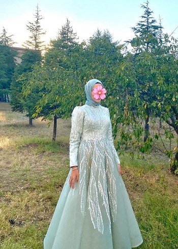 Uzun Kollu İşlemeli Gri Abiye Elbise - Görsel 2