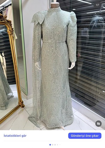 Boncuk İşlemeli Uzun Gri Abiye Elbise - Görsel 6