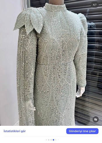 Boncuk İşlemeli Uzun Gri Abiye Elbise - Görsel 3