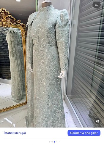 Boncuk İşlemeli Uzun Gri Abiye Elbise - Görsel 4